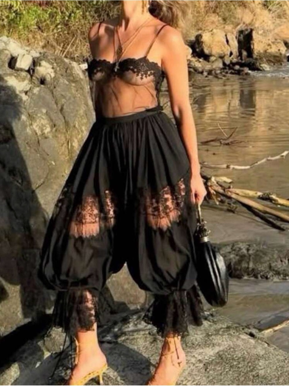 Black Sheer Lace Wide-Leg Harem Pants